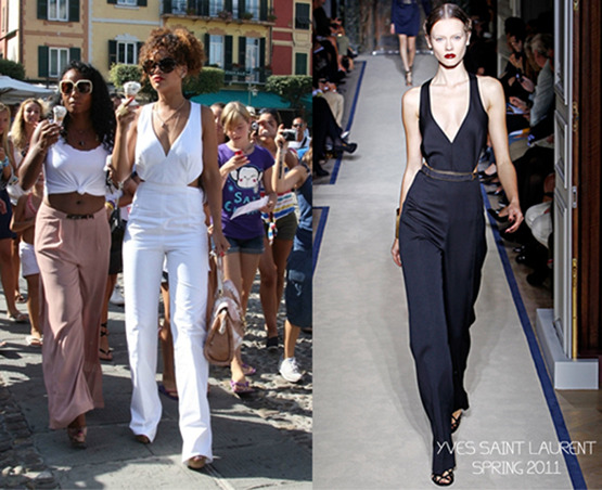 Still can&#8217;t get enough of this outfit! Rihanna spotted in Portofino, Italy looking gorgeous in a White backless jumpsuit by designer Yves Saint Laurent from the Spring 2011 collection. Sunglasses by designer Prada, heels by Fendi and handbag by Christian Louboutin *phew*