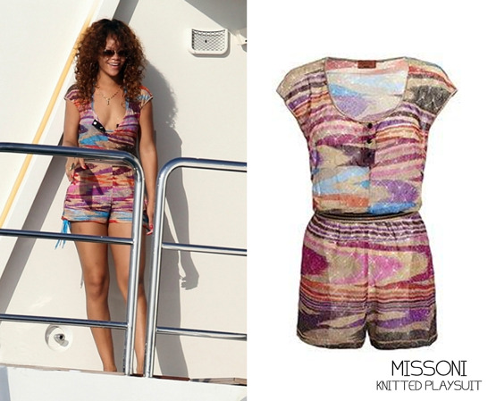 While Vacating in St.Tropez, France Rihanna was spotted in a multicoloured crochet knit playsuit by designer Missoni which she wore over a bikini.