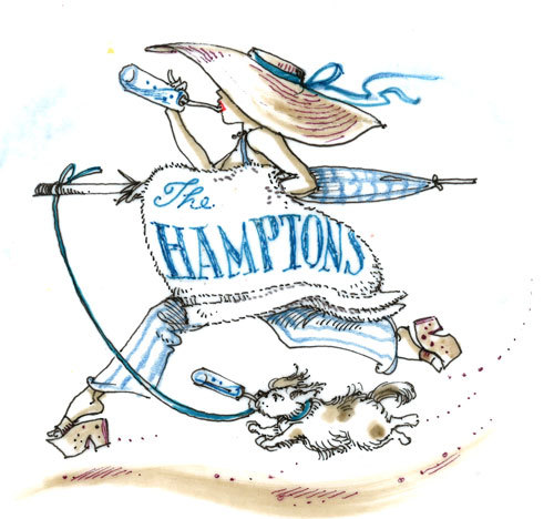 We love having Hilary Knight, Eloise illustrator, dash off his musings for us. Here, his take on a lady in the Hamptons, complete with high-maintenance pup. Is that Perrier in his canine sipper, we wonder?
Illustration by Hilary Knight.