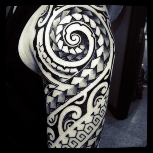 Quevillon coat of arms tattoo On my left forearm polynesian sleeve