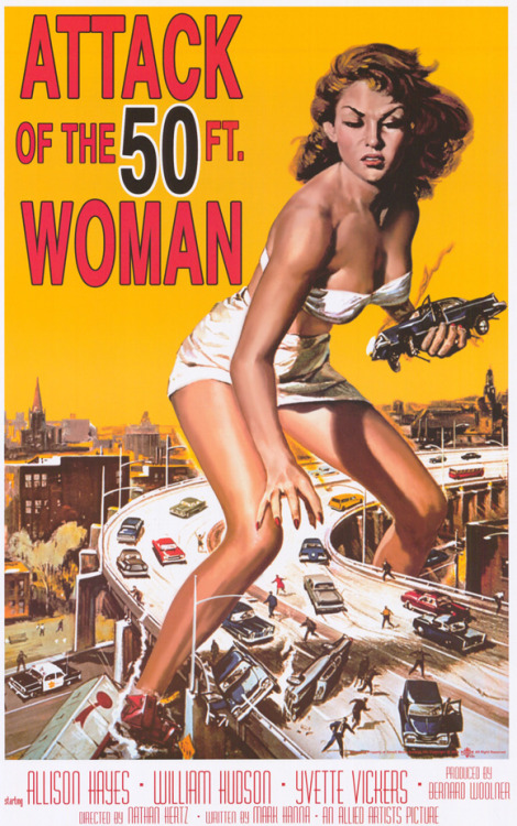 Month Of Horror:16. Attack of the 50 Foot Woman, 1958I have always loved this movie poster, it is so iconic and beautifully done, it was listed as #8 of &#8220;The 25 Best Movie Posters Ever&#8221; by Premiere.
The movie is entertaining enough, not spectacular or anything, but it&#8217;s okay. The special effects show how inexpensive it was, but I guess they were OK by the standards of that era, anyway, the film was made for around $88,000. A lot of the scenes with the giant look weird, well actually whatever seems to be big looks kind of transparent on the edges, and the huge hand is always laughable, the proportions between the dummies and the actors are always waay off. However, it grossed a good amount of money and there were plans for a sequel and a few years later a remake, but for some reason they didn&#8217;t go through with it.It was finally remade in a 1993 HBO movie, Attack of the 50 Ft. Woman. The film, directed by Christopher Guest starred Daryl Hannah (Elle Driver in Kill Bill) in the title role.

Overall, if you are into old school sci fi, and cult films, be sure to check it out. If you are more about flashy effects and shock value, this movie won&#8217;t do a lot for you.