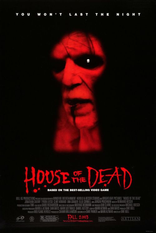 Month Of Horror:18. House of the Dead, 2003
Back when this movie was in theaters, I had some shit to do and I didn&#8217;t went with my friends to watch it. I had always been a big fan of the video game series so I was pretty excited when this came out, after my friends went to see it I asked them: how cool was it? They said it was shit and that&#8217;s all they said. I always liked the poster and the premise of the arcade game, so tonight I decided to watch it.
Well my friends were right, this movie is a big pile of doodie. Production value is beyond dull, characters are uninteresting, dialog is dumb, the inter cuts with images from the game are unnecessary to say the least, the action scenes are fucking loooong, and it&#8217;s just the same, exactly NONE of the zombie killings are creative, it just sucks.
It&#8217;s one of those movies you just laugh at, I honestly don&#8217;t know who were they trying to appeal to, it sure as hell wasn&#8217;t fans of the game because this just spits on the whole franchise, and if it was to draw new audience they made a shitty job, I don&#8217;t know it&#8217;s just shitty.
If you don&#8217;t have anything better to watch or if you enjoy really bad dumb laughable movies, be sure to check it out.

P.S. Dear movie, I hate you even more for the George A. Romero reference. You suck movie.