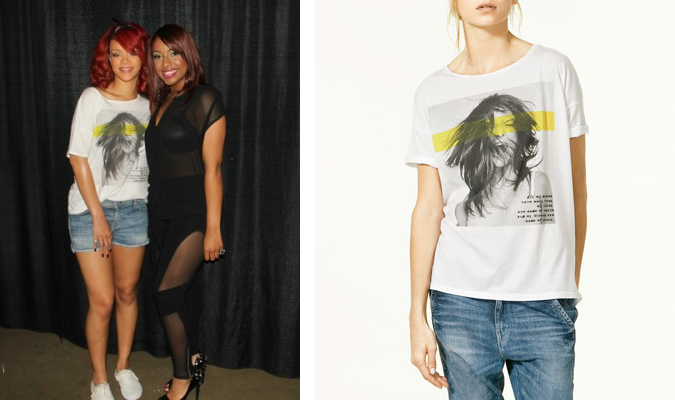 
Back in July during meet &amp; greets, Rihanna wore a girl print shirt from where you can purchase the look on  Zara&#8217;s website. 
