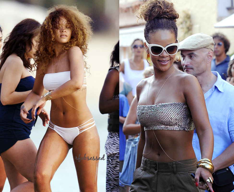 Back in August in Barbados on the beach in &amp; back in Italy on a break, Rihanna was wearing a body chain.  Thank you for the tip yaniqueyen
