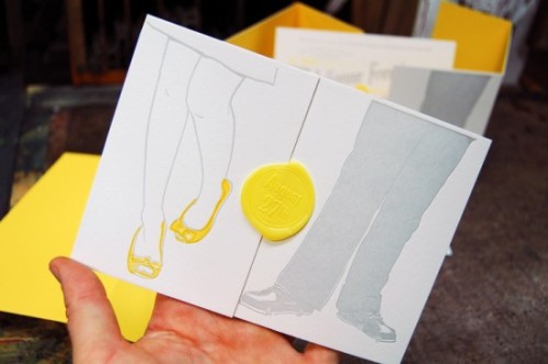 Thanks Oh So Beautiful Paper for finding this yellow and grey invitation set from Mama&#8217;s Sauce. Yellow and grey is very trendy for invitations this season and I&#8217;ve seen alot of combos - but I have to admit that this is one of my favorites. I thought it was clever to use a wax seal on the invitation itself rather than the envelope. We&#8217;ve seen less folks wanting to use wax seals because they are fairly mangled/crushed by the post office - but I&#8217;ll have to try this idea out and see how well a seal holds up inside the envelope.