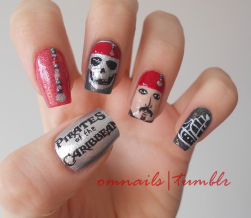 Pirates of the Caribbean nail art | I love the movies, and I&#8217;m also a fan of Johnny Depp. I wanted for a long time to do this nail art, and last week a lovely follower requested this one. And I&#8217;m sorry guys, this is not a perfect nail art, the ship doesn&#8217;t looks like a ship, and Jack doesn&#8217;t looks like Jack&#8230; I tried ): But I still I like my nail art and I hope you pirates like it too :) xoxo