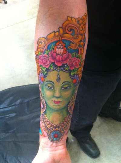 This is Green Tara tattooed on my inner forearm as part of a full sleeve I