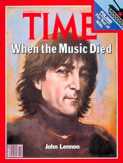 31 years ago&#8230;
&#8220;John Lennon is shot to death at 40, and a bright dream fades.
Just  a voice out of the American night. &#8220;Mr. Lennon.&#8221; He started to turn  around. There is no knowing whether John Lennon saw, for what would have  been the second time that day, the young man in the black raincoat  stepping out of the shadows. The first shot hit him that fast, through  the chest. There were at least three others&#8230;&#8221; 