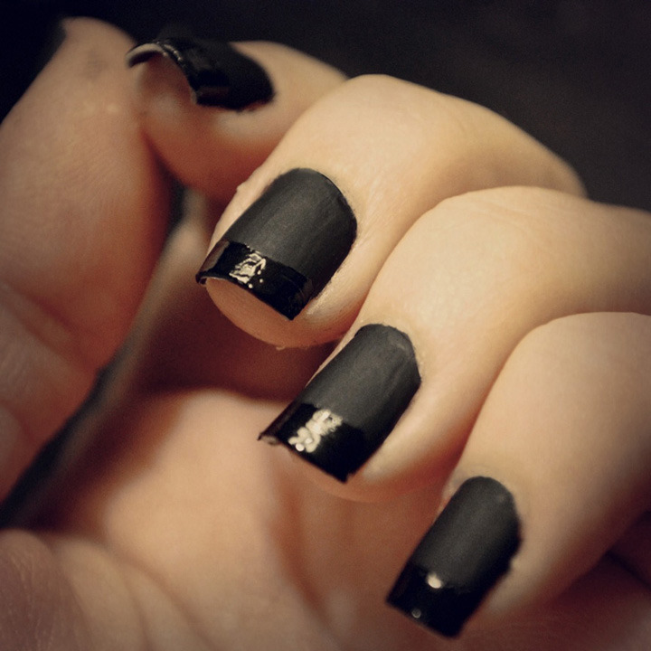 French tip with matte black nail polish