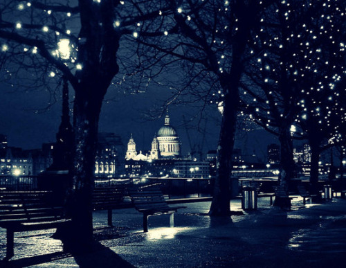 bewitchingbritain:

   Night view of St. Paul’s Cathedral in London.  I love those white lights in the trees, and the blue-and-white concept versus the ubiquitous black-and-white London. (print available on etsy.com)
