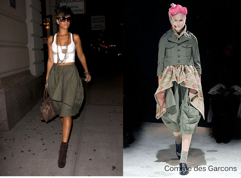 &#8220;Anonymous said: Hello! I like this green skirt rihanna has on with a  white tank. (if you google rihanna green skirt it should be the first  pic). Do you know who designedit or  where I can find this or an  alternative? Thanks a lot! =)&#8221;
Skirt is by designer Comme des Garcons I don&#8217;t know if there&#8217;s similar styles to this one.