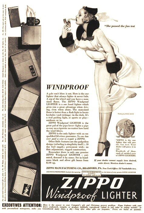 hoodoothatvoodoo: Publicidad encendedor Zippo 1937 Arte por Enoch Bolles
