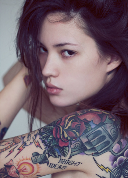 girl female woman tat tattoo shoulder tattoo bright ideas gun rose portrait