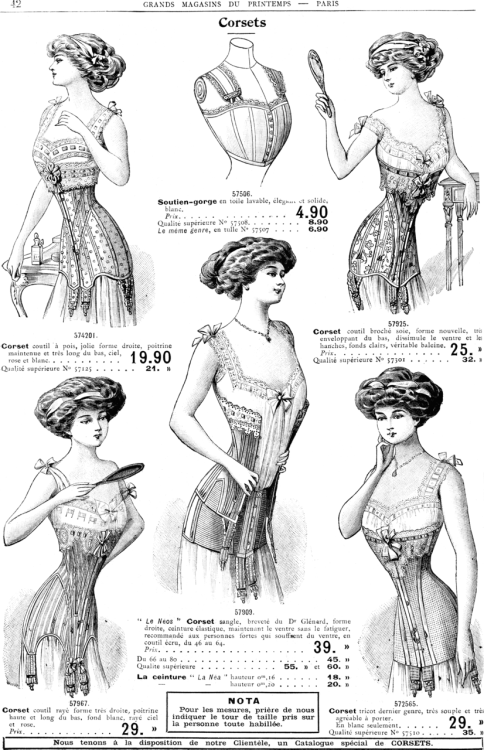historicalfashion:

Advertisement from Grands magasins au printemps Paris, Winter 1909-1910.
I love the dots on the corset in the upper left and the cameo lace on the bottom left corset!
