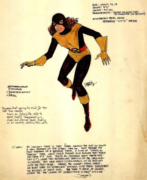 Folha de projeto por John Byrne para Kitty Pryde antes de sua beng introduzido em Uncanny X-Men.