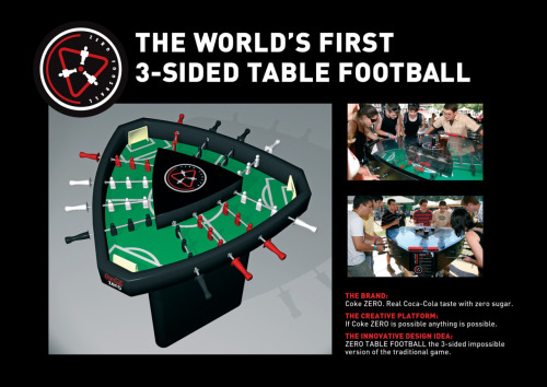 The 3-sided foosball table was developed as a promotion for Coke Zero by the advertising agency Leo Burnett Budapest, on the premise that if Coke Zero was possible, anything was possible:
Table football is one of the most liked socializing games in pubs, bars, workplaces, schools, and clubs with few rules. But there is one rule since the beginning: only four people can play the game. In order to show the target people that there are zero limits and rules we invented the new breed of the game: the Zero foosball which has 3 sides to accommodate 6 friends.
In the age of 18-25 guys leave their childhood and step into the adults’ world of obstacles and limitations. Coke Zero wants to help them see, imagine more possibilities in life than they think. If Coke Zero is possible anything is possible. The challenge was to bring the brand purpose into life via transforming limitations, norms, rules into new never seen positive experiences.
The tables were produced and deployed in Hungary, with the help of the Hungarian Foosball Association.
