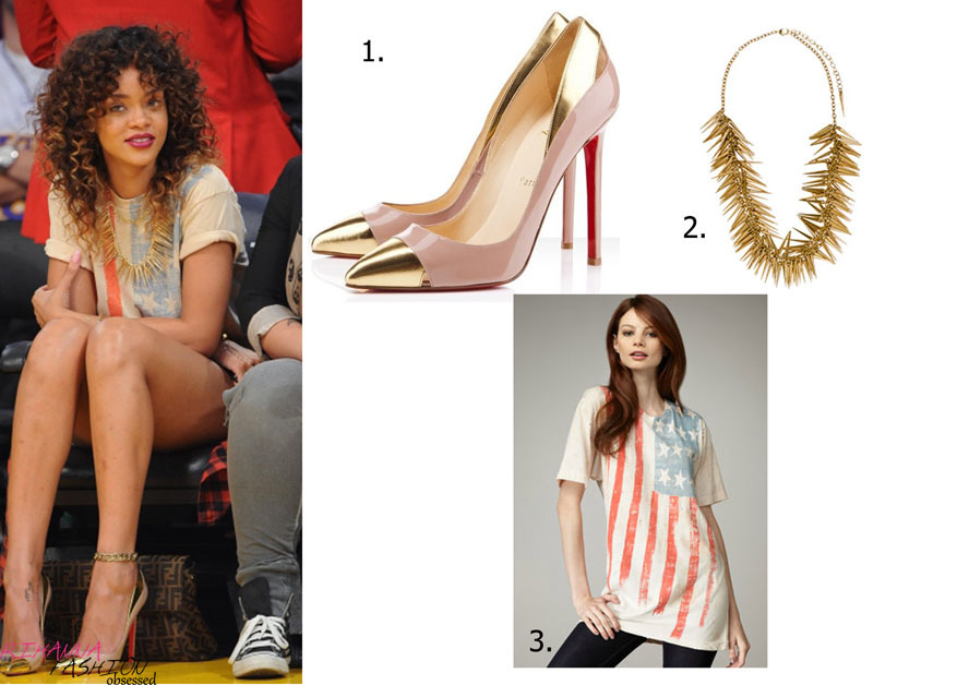 Rihanna spotted at a Basketball game in L.A. Kinda funny how she&#8217;s wearing an American flag tshirt like she did early last year also at a basketball game, same texture and all.
In order she is wearing&#8230;
1. Christian Louboutin Duvette Pumps
2. Martin &amp; Ricci gold plated bliss necklace available at Max&amp;Chloe - $105.00
3. Torn American flag tee available from neimanmarcus - on sale for $40.00 
