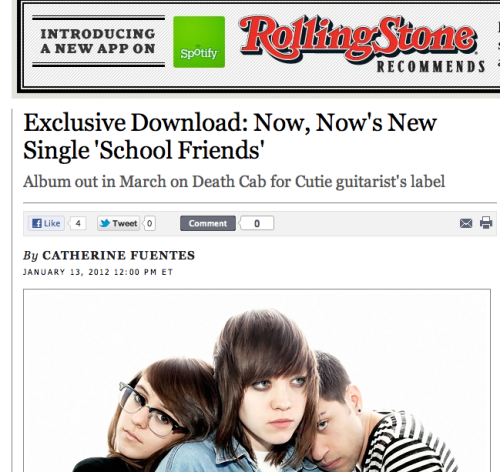 nownowband:  Rolling Stone just posted a second song from the new record; School Friends! Click the image to check it out and download!!  So awesome to see RS giving Now, Now some lovin’. Everybody, go download! 
