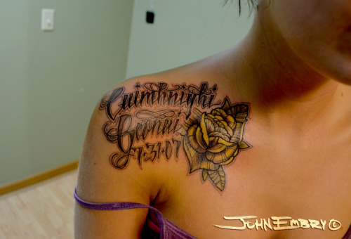 Gaelic lettering and a fancy yellow rose This girl was a terminator 