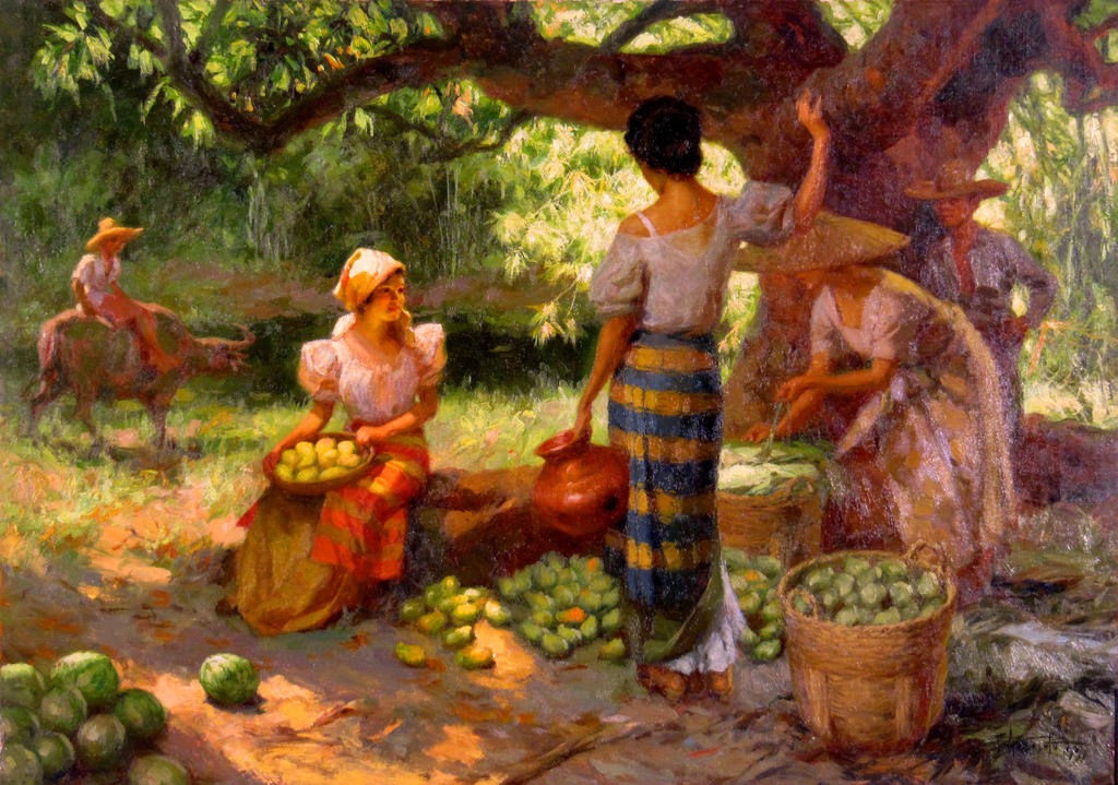 This Filipino painting entitled &#8220;Fruit Pickers Harvesting Under The Mango Tree&#8221; was painted in 1939 by the famous Filipino painter and National Artist Fernando Amorsolo. Known for his chiaroscuro techniques, he was one of the native-trained painters having been influenced by Spanish artists who were so into the Spain of Cervantes and Vega. He was later given a grant to study art in Academia de Bellas Artes de San Fernando in Madrid, the same school that Juan Luna once attended. The main difference of his paintings were his recurring subject: the beauty of the Philippines, its history and its people. Perhaps his technique was also shaped by his tedious training as a painter, having been born of a middle class family and having been reared in the province of Camarines Norte. Wonder what the Philippines is like on a sunny day? Look at the Philippine rural landscapes of Amorsolo. Beautiful. 