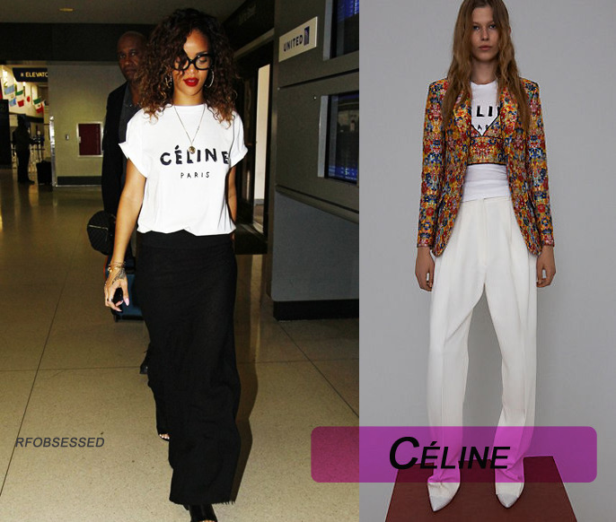 Rihanna was spotted with her best friend Melissa catching  a flight in LAX this past weekend in a pair of readers, a maxi skirt, and a branded Céline shirt.