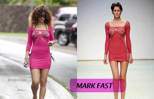 Rihanna was spotted walking to the  beach in Hawaii  wearing a pink long sleeved minidress from Mark Fast‘s Spring 2010 collection.