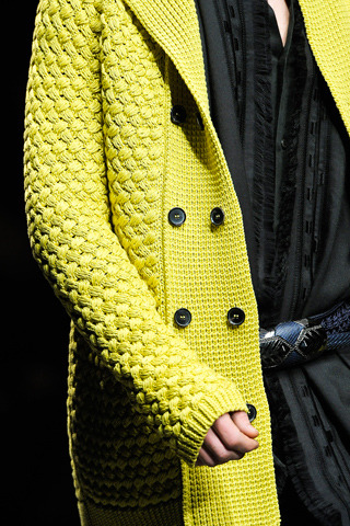thetonysantos:

Roberto Cavalli fall 2012- Sometimes a great piece of chunky knitwear can double as outerwear in the fall.This Yellow Lime basket weaved over sized knitted cardigan is perfect for such occasions.
-Tony Santos
