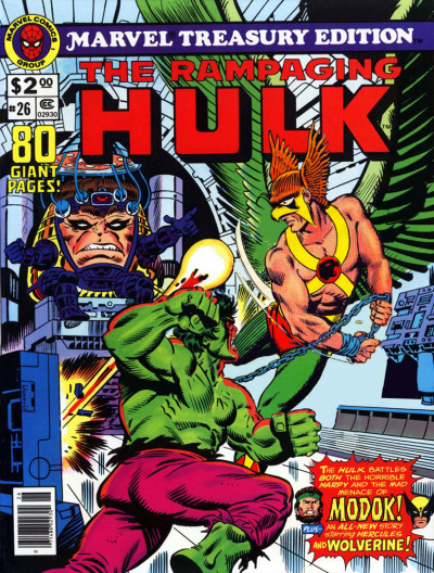 He&#8217;s got gamma-fueled wings now.
Mashed covers:
Marvel Treasury Edition #26
Hawkman #8
