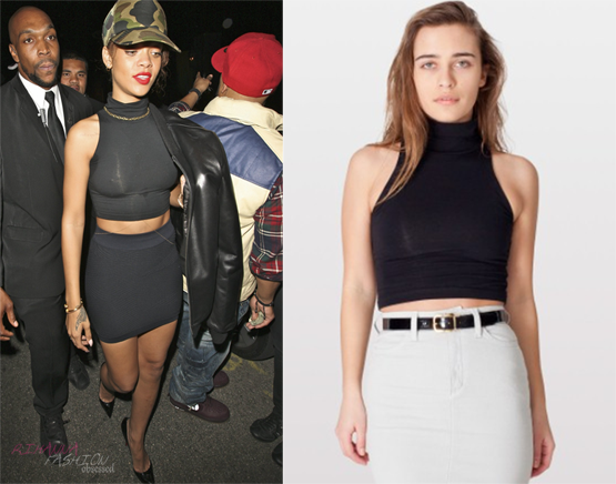 Rihanna leaving a night in West Hollywood wearing a spandex turtlenck crop top from American Apparel for $28.00