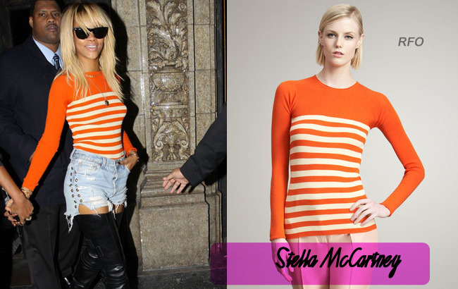 Rihanna was spotted leaving Roxbury nightclub with her best friend, Melissa, in LA rocking a new blonde hair-do wearing studded shorts, leather thigh high boots from Christian Louboutin and a $629 Stella McCartney Colour Play Striped Knit Pullover.