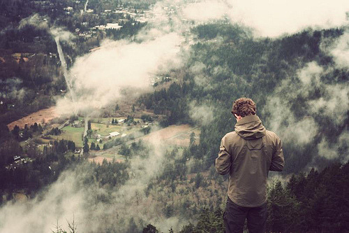 boy clouds forest mountain cliff fog 