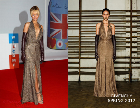Rihanna in another low cut dress by designer Givenchy during today&#8217;s Brit Awards taking place now.
