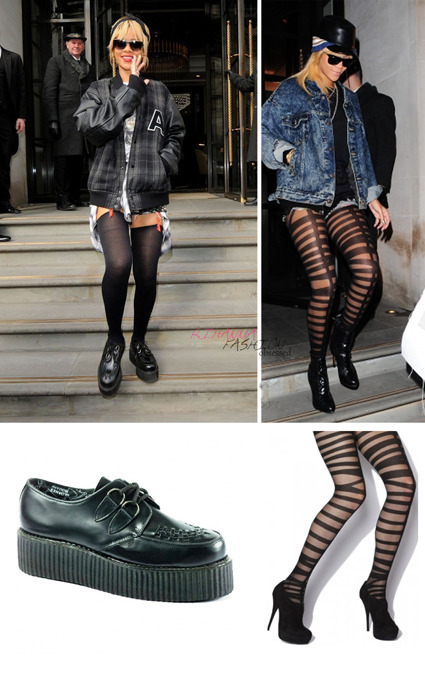 In order:
Creepers by underground - £82 ($129)
Tights by Johnathan Aston - £13.30 ($20.98)
