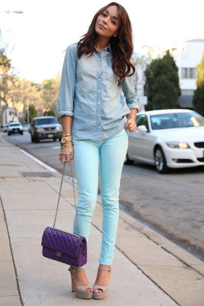 Pastel colors mix perfectly with denim! Get the look:

Mint jeans: Car Mar. Denim shirt J. Crew. 
Bag: Chanel. Shoes: Steve Madden. (image: ashley-ringmybell)
