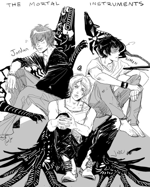 How totally adorable and wonderful! I love it! Thank you so much, Cassandra Jean (great name by the way, no prejudice there&#8230;)
I didn&#8217;t think they were such a bad team. Maybe a little hopeless. :)
cassandrajp:

Finally managed a fanart of The Mortal Instruments series, however sketchy it may be…! But ever since reading City of Fallen Angels I’ve been dying to draw Jace, Simon and Jordan together, I think they make the most unlikely of Three Musketeers, in fact they were a pretty terrible team, but still, I loved it!
