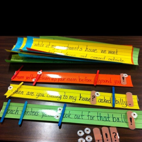 Sentence Surgery&#8230;laminated unedited sentence strips, bandaid strips for ending punctuation, small round bandages for commas and quotations, tongue depressors to mark capitalization, and &#8216;Emergency Kit&#8217; paper bags w/ red cross on them (to keep surgery supplies). Can be adjusted to use K-6&#8230;the kids loved it!