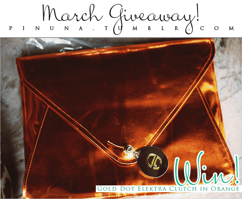 They say third is a charm, so my third giveaway will be for my sweetest, loveliest followers! ♥ For the month of March, I will be giving away the ff:
Orange Elektra Clutch from Gold Dot
Tiger-print bustier dress from Twins Closet
HOW TO JOIN:
Follow my Tumblr &amp; Twitter, and add me on Facebook.
Like Gold Dot and Twins Closet on Facebook.
Post this as a status on Facebook: “@Louise Anne Manuel is giving away awesome prizes from @Gold Dot and @Twins Closet! Super perfect for summer!” Make sure everyone is tagged and your status is set to public.
Tweet: “Join @pinuna’s massive giveaway! http://bit.ly/GXpnff ”
Reblog this post once.
FILL UP THIS FORM. «&#160;DON’T FORGET THIS!

One winner will be chosen via Random.org on April 8, 12:00nn. Giveaway is only open to residents of the Philippines.
Good luck! ♥