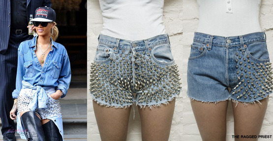 Rihanna last month in London in a pair of studded vintage levi shorts by UK brand The ragged priest (limited edition). Both shorts shown are between £65-£95 which is roughly between $105-$150. If you&#8217;re not willing splurge so much money on these you can always make your own. Video below by beautycrush shows a brief tutorial on how to make your very own studded shorts :)
