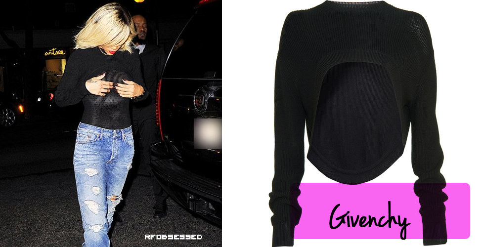 Rihanna was spotted out and about NYC on March 11 wearing Givenchy&#8217;s shrug sweater over a sheer mesh shirt. The sweater looks like a cardigan from the back and a shrug from the front.