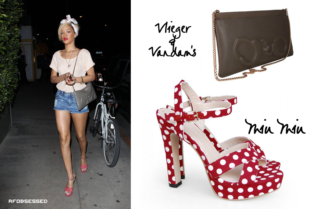 Rihanna went out to dinner in LA wearing   shorts , a simple tee and a Chanel head scarf. Rih accessorised with sweet polka dot platform sandals from Miu Miu&#8217;s Resort 2011 collection ( the same from the Man Down video) Vlieger &amp; Vandam&#8217;s handcuffs clutch.