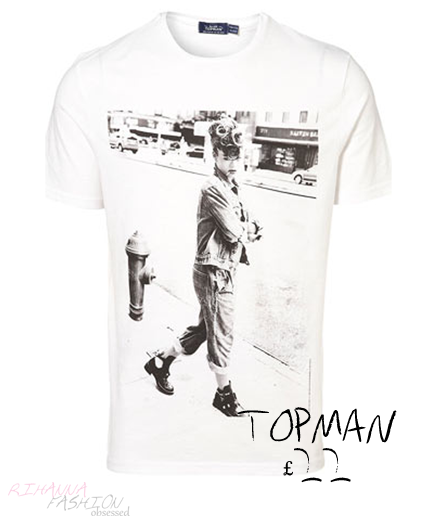 White Rihanna denim crew tee available from Topman UK for £22.00 featuring the cover single image of we found love.