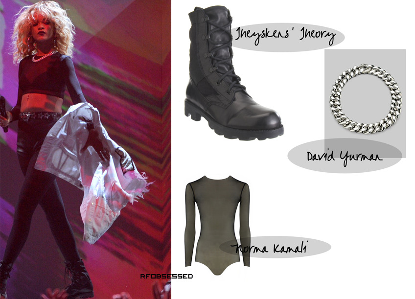Rihanna performed We Found Love  &amp; Princess Of China along with Chris Martin of Coldplay last month at the Grammy Awards wearing a chunky silver chain designed by David Yurman and a sheer Norma Kamali bodysuit that was cropped into a top. Her shorts were custom designed by Adam Selman and her black combat boots are from  Theyskens&#8217; Theory.
