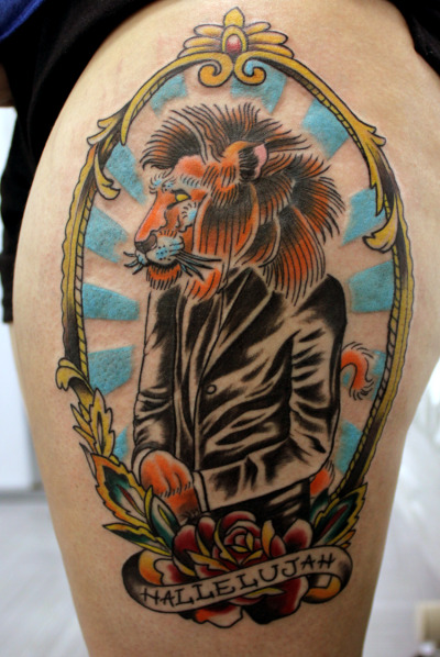 This is my completed Gentleman Lion tattoo on the side of my left thigh