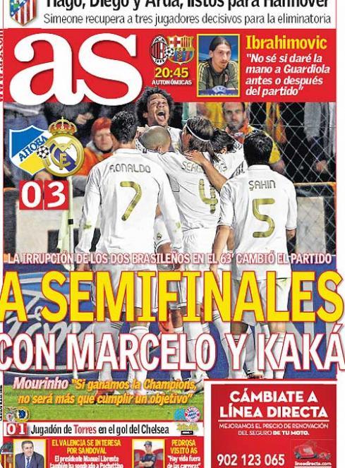 &#8220;To the semi-finals with Marcelo and Kaká&#8221;(via Fotogalería: Portadas de AS de 2012 - AS.com)