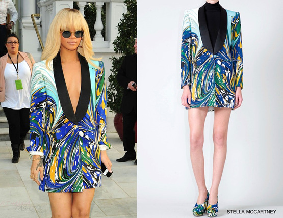 Rihanna leaving her London hotel heading for her interview with BBC radio 1 and premier for her new movie Battleship. RiRi went a little minimal with her outfit with nothing else but a blazer, heels and sunglasses. Blazer worn is by Stella Mccartney from her fall 2012 collection.