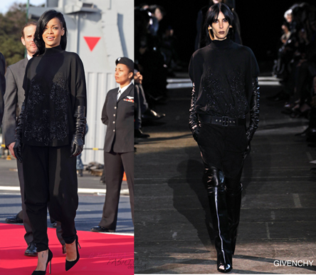 edit: All in black Rihanna during the premier of Battleship in Japan in designer Givenchy from the fall 2012 collection and herem pants by designer parkchoonmoo. Paired with suede heels by Manolo Blahnik (thanks anon).