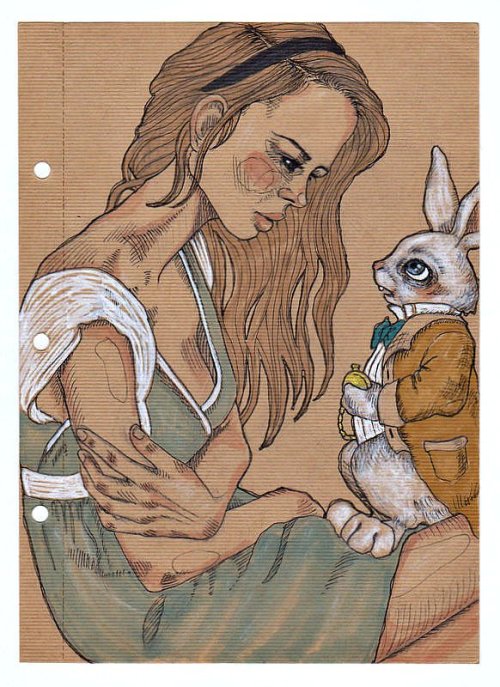 Alice and the White Rabbit. Ink and charcoal on sketch paper. To see more artwork and/or follow please click here. 