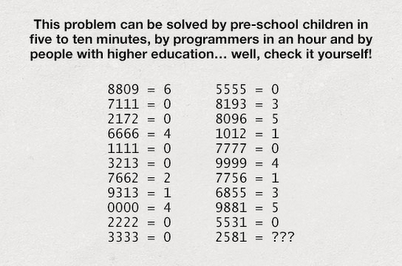 “This problem can be solved by preschool children in five to ten minutes, by programmers in an hour, and by people with advanced degrees in…well, give it a shot!”
Update: Some of you have been messaging me, and I’ve been getting a pretty large surge in traffic just over this post. If you really can’t solve it (and want to totally ruin it by learning the solution), click here. 