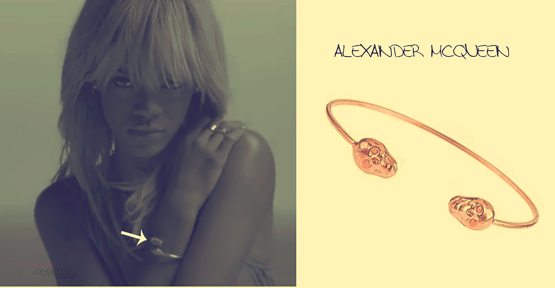 Rihanna made an appearance in Drakes music video &#8216;take care&#8217;. Spotted with an Alexander Mcqueen gold twin skull bangle. Similar version on the designers webpage for $330.00&#160;HERE