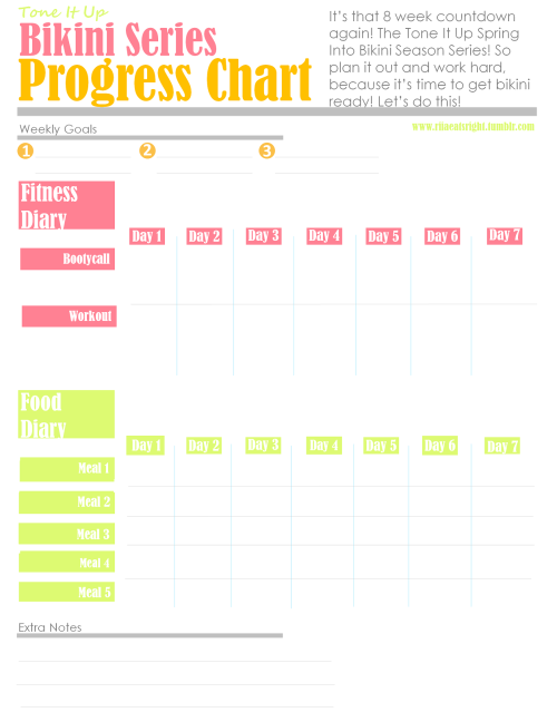 For everyone participating in the Tone It Up Bikini Series!
I made this weekly organizer/progress chart for the Bikini Series! I’ll be using it to help me stay on task and motivated!
It includes spots for:
Morning Bootycalls (all you Tone It Up Girls know what those are!)
Daily Workouts
Mini Meal Plan (spaced into 5 separate meals) 
I know this will help me, so if anyone else thinks it will help them too…feel free to use it! Good luck everyone :)
(-riia)